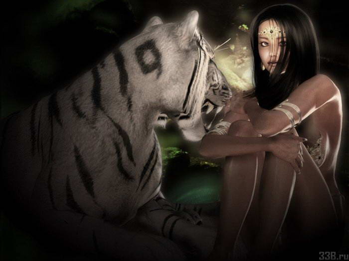 Картинка рисованная девушка с белым тигром